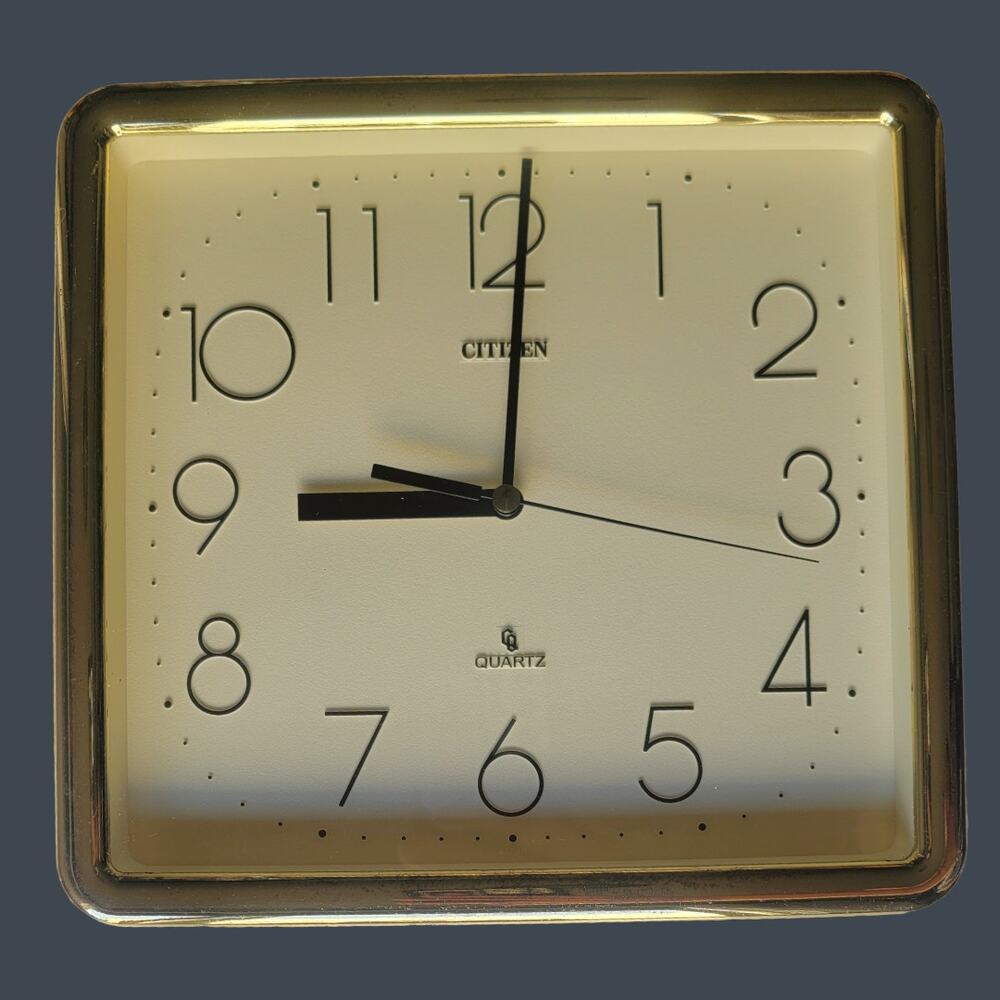Vintage 1980s Citizen Quartz Post-Modern 10" Square Gold-Tone Wall Clock